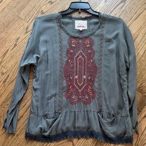 Johnny Was Biya Effie Challis Boho Embroidered Blouse Gray Size S